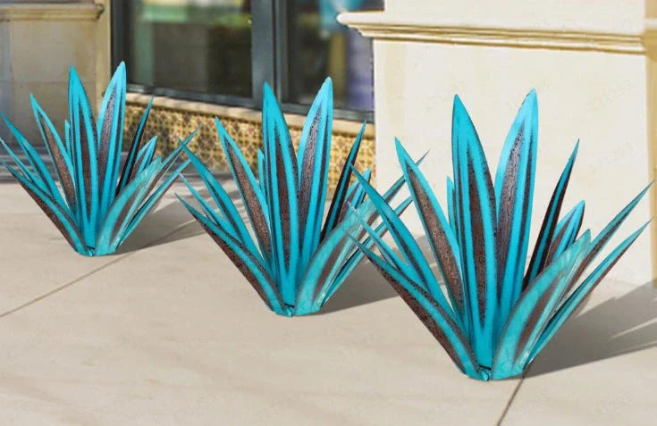 Handmade tequila agave metal sculpture in rustic finish with blue highlights