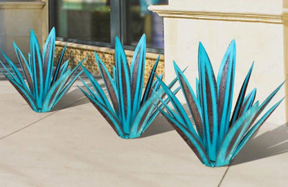 Handmade tequila agave metal sculpture in rustic finish with blue highlights