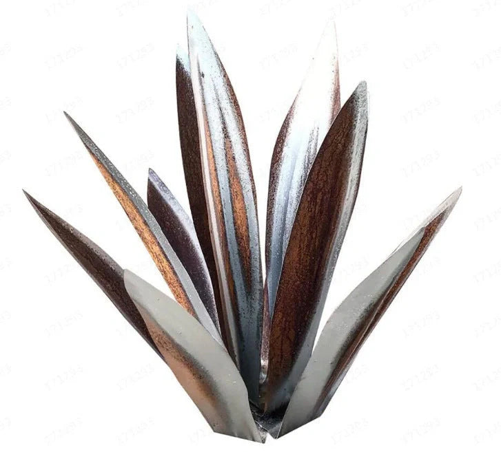 Handmade tequila agave metal sculpture in rustic finish with blue highlights