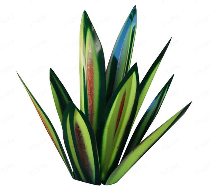 Handmade tequila agave metal sculpture in rustic finish with blue highlights