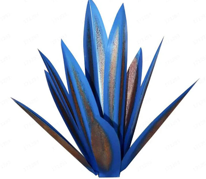 Handmade tequila agave metal sculpture in rustic finish with blue highlights