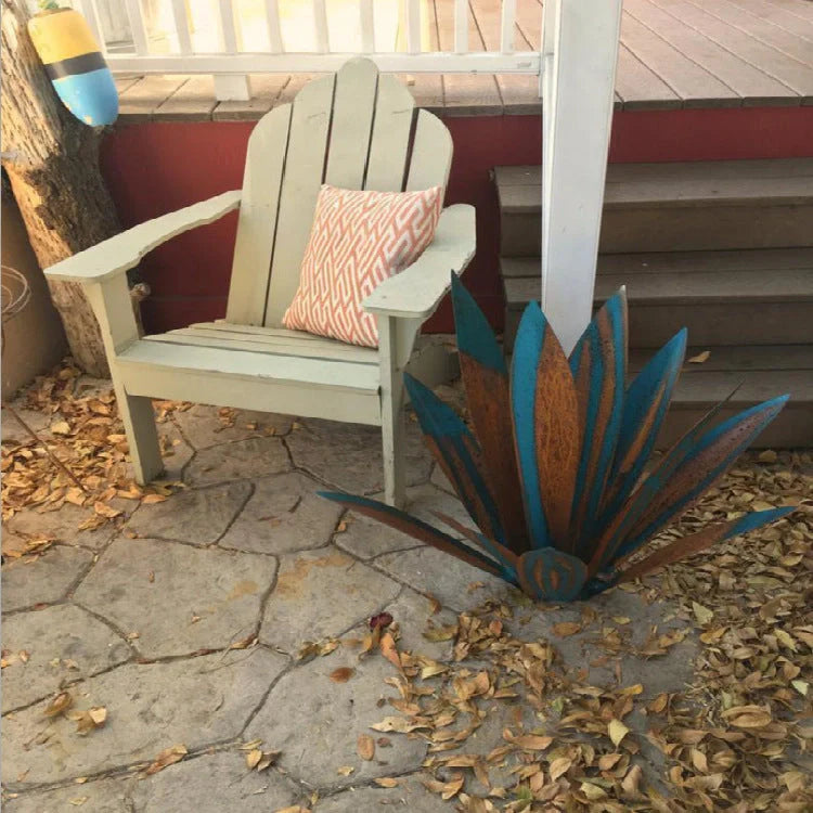 Handmade tequila agave metal sculpture in rustic finish with blue highlights