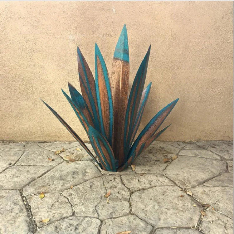 Handmade tequila agave metal sculpture in rustic finish with blue highlights
