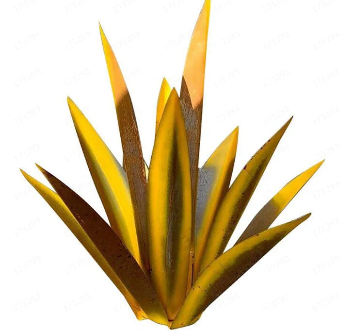 Handmade tequila agave metal sculpture in rustic finish with blue highlights