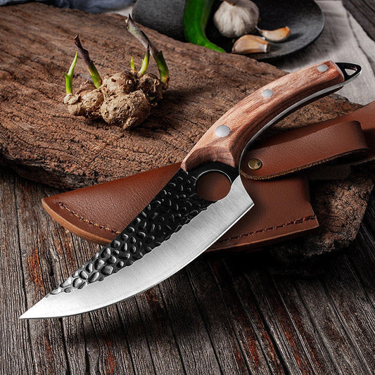 Antique small scimitar knife with stainless steel blade and walnut handle