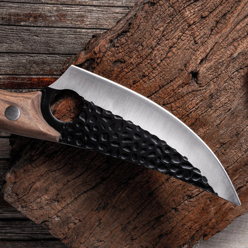 Antique small scimitar knife with stainless steel blade and walnut handle