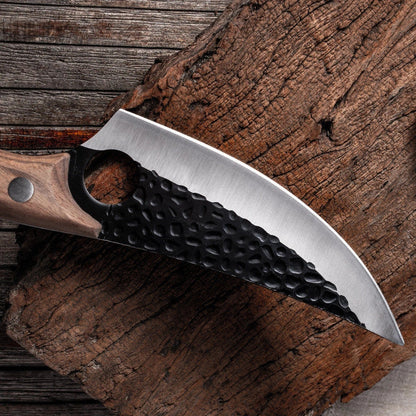 Antique small scimitar knife with stainless steel blade and walnut handle