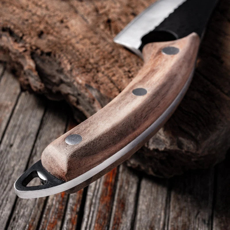 Antique small scimitar knife with stainless steel blade and walnut handle