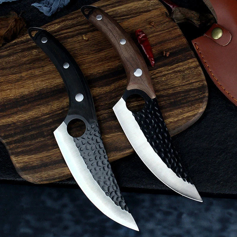 Antique small scimitar knife with stainless steel blade and walnut handle