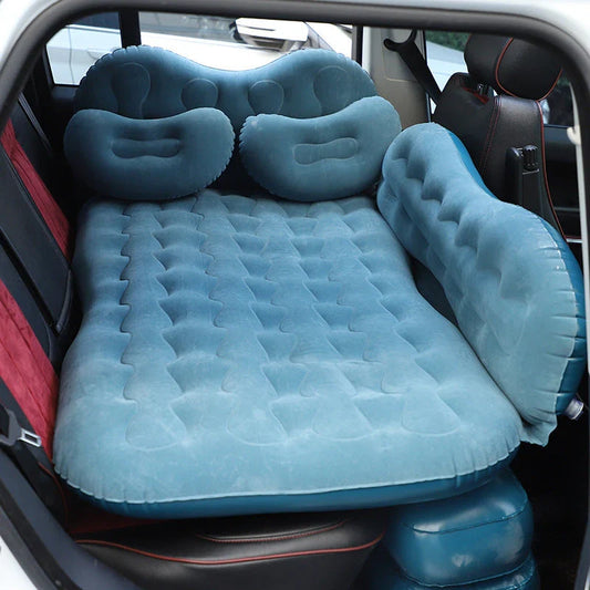 Inflatable car mattress with pillows in various colors, perfect for comfortable road trips and outdoor adventures