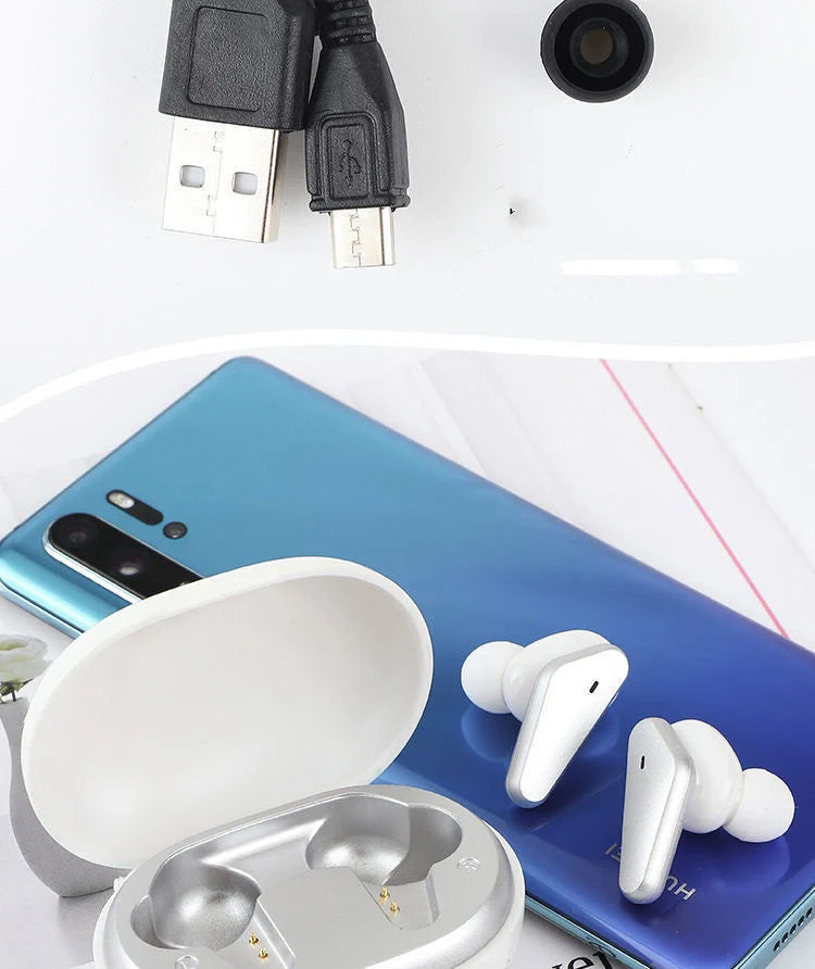 Wireless Touch Earphone in black, pink, and silver with stereo sound and voice control