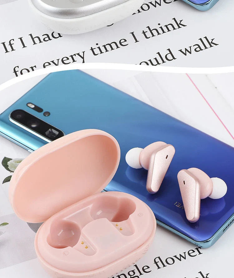 Wireless Touch Earphone in black, pink, and silver with stereo sound and voice control