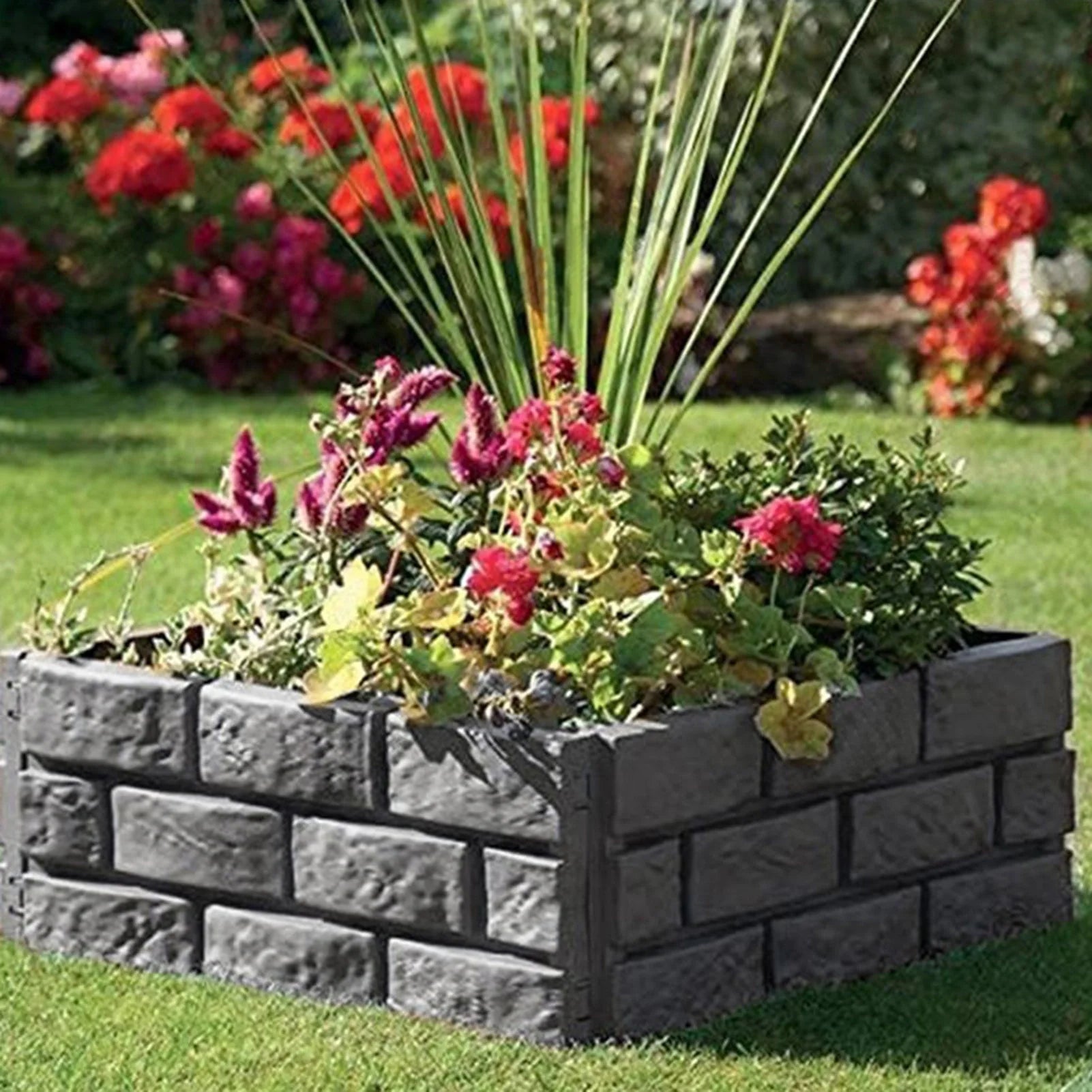 Rectangular plastic garden fence with imitation stone effect, grey, 4 pieces