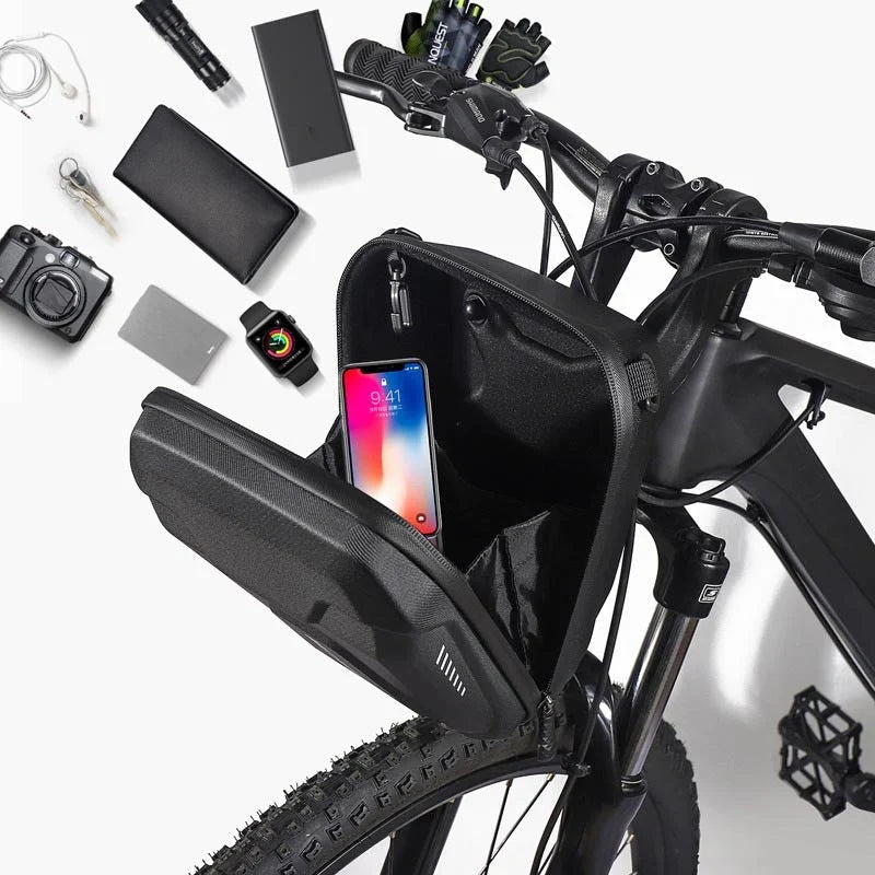 Black Bicycle EVA Hard Shell Handlebar Bag with quick-release bracket and reflective pattern