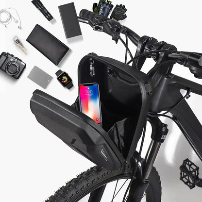 Black Bicycle EVA Hard Shell Handlebar Bag with quick-release bracket and reflective pattern