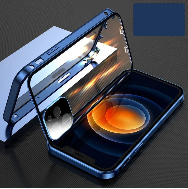 Metal frame buckle double-sided glass iPhone case in various colors