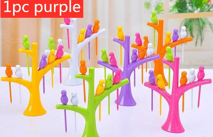 Kids' plastic fruit forks with tree and birds design in vibrant colours