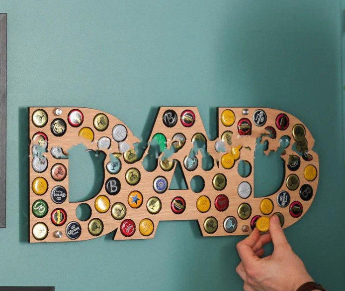 Stylish wooden beer bottle cap display organiser with customizable wooden letters and storage spaces for collecting caps
