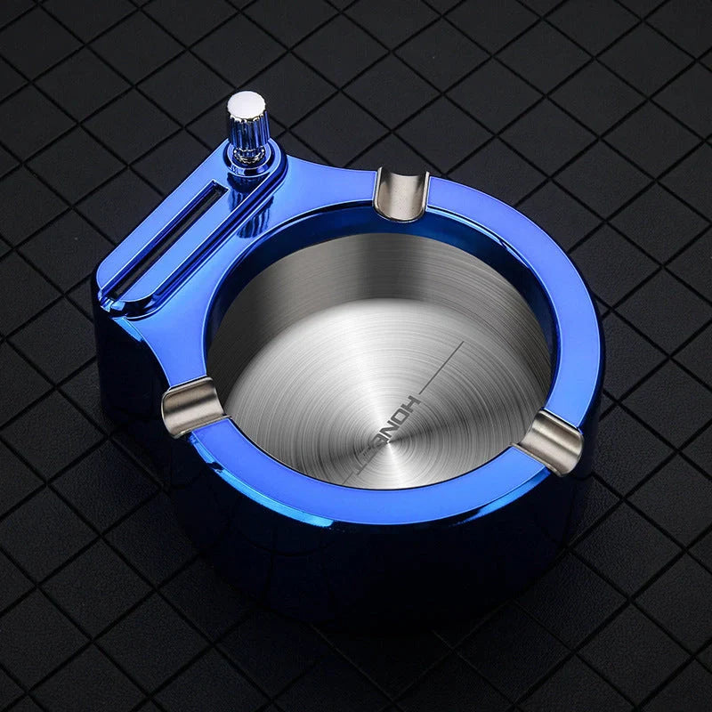 Large metal ashtray with permanent match lighter and cigarette slots