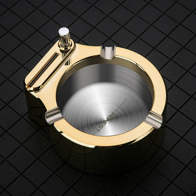 Large metal ashtray with permanent match lighter and cigarette slots