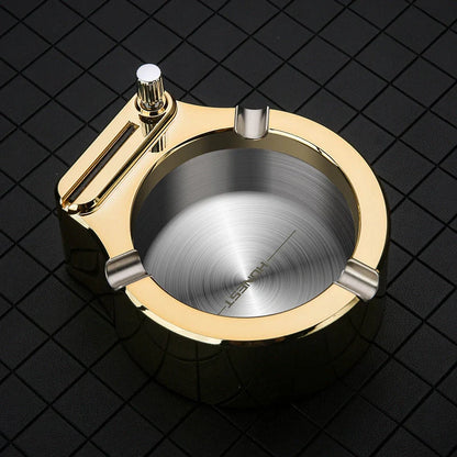 Large metal ashtray with permanent match lighter and cigarette slots