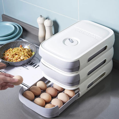 Premium refrigerator egg holder with stackable drawers and breathable mesh compartments for efficient kitchen storage