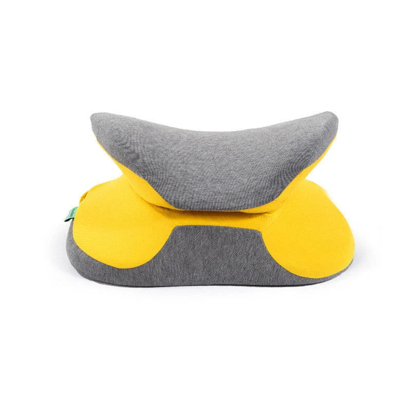 Ergonomic memory foam nap pillow in navy blue, fruit green, lemon yellow, and girlish pink