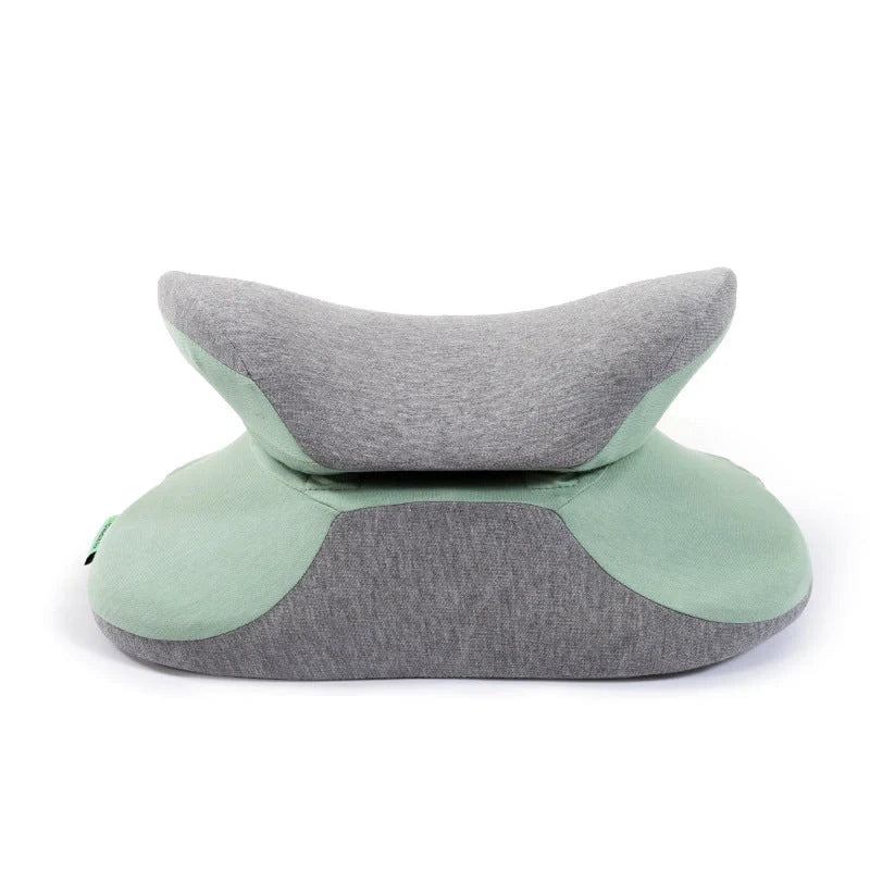 Ergonomic memory foam nap pillow in navy blue, fruit green, lemon yellow, and girlish pink
