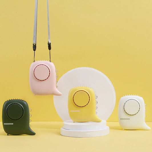 USB rechargeable mini fan in white, green, yellow, and pink with LED night light