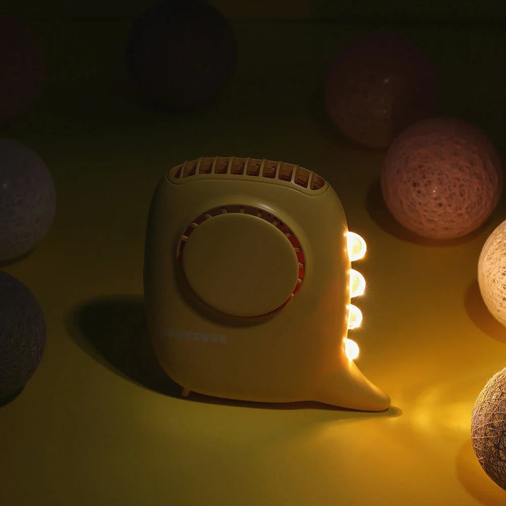USB rechargeable mini fan in white, green, yellow, and pink with LED night light