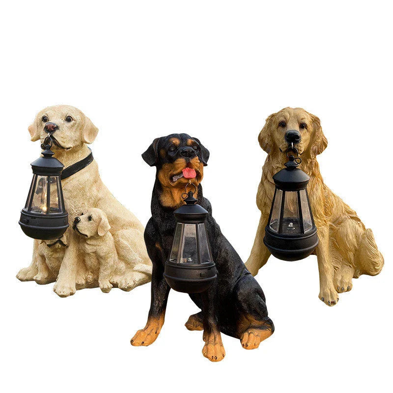 Solar-powered LED dog statue with a retro-inspired mottled, striped design for outdoor lawn, porch, or patio decor