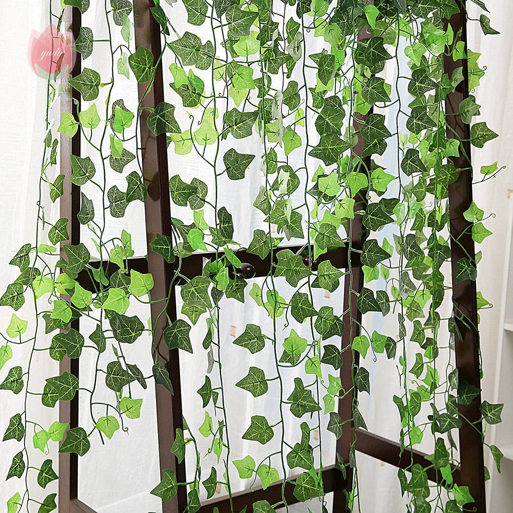 Elegant silk hanging foliage garland with lifelike green leaves for home, wedding, and garden decor