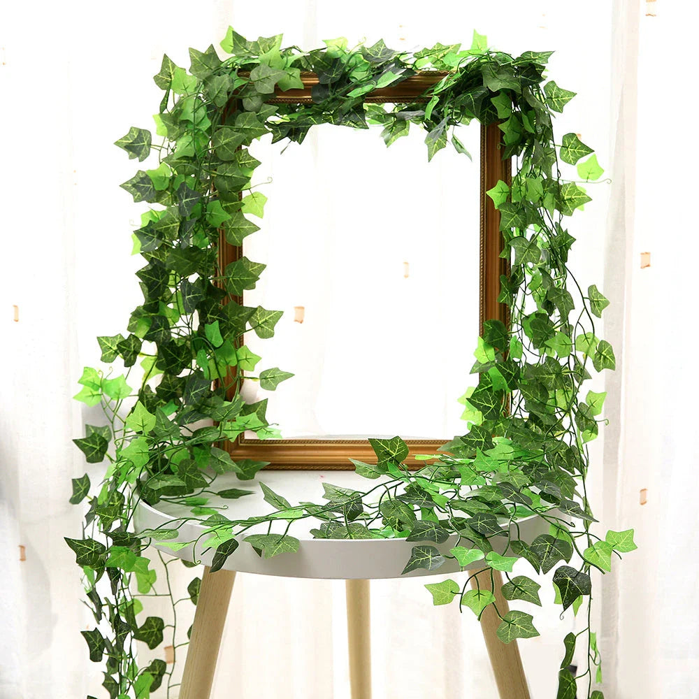 Elegant silk hanging foliage garland with lifelike green leaves for home, wedding, and garden decor