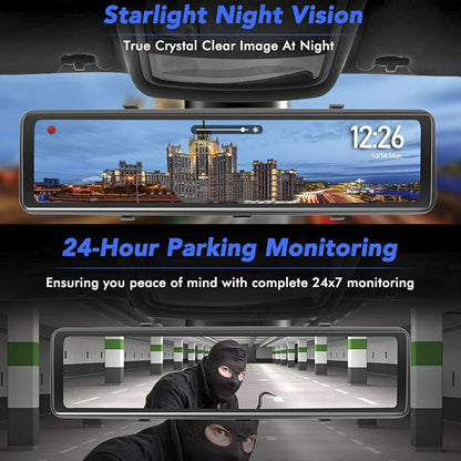 Premium dual-lens dash cam with 1080p HD recording, 12-inch touchscreen, and night vision for comprehensive road protection
