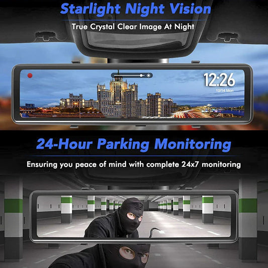 Premium dual-lens dash cam with 1080p HD recording, 12-inch touchscreen, and night vision for comprehensive road protection