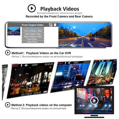 Premium dual-lens dash cam with 1080p HD recording, 12-inch touchscreen, and night vision for comprehensive road protection