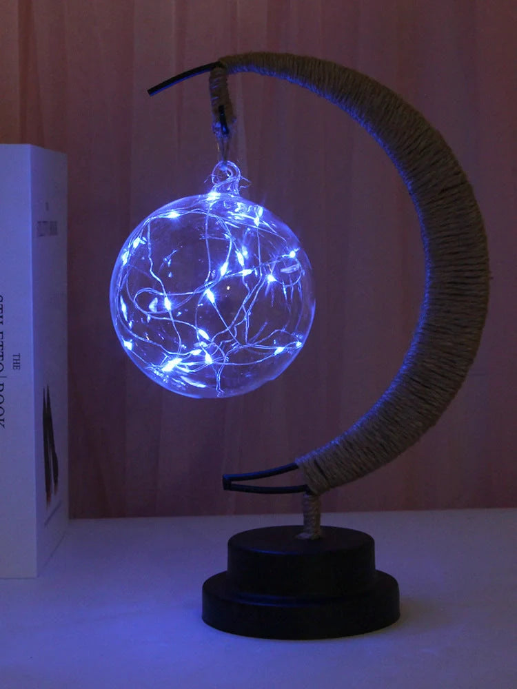 Moon Light LED Copper Wire Lamp with moon and star shapes, high transparent glass pendants, and flexible power options