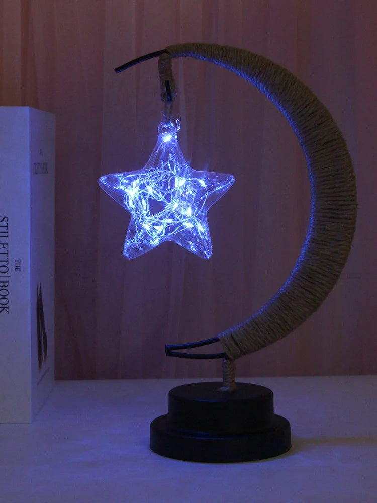 Moon Light LED Copper Wire Lamp with moon and star shapes, high transparent glass pendants, and flexible power options