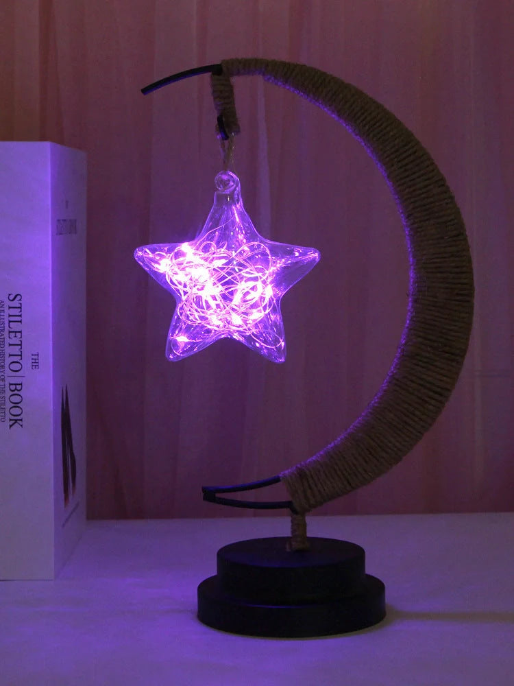 Moon Light LED Copper Wire Lamp with moon and star shapes, high transparent glass pendants, and flexible power options