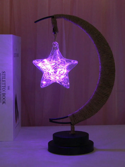 Moon Light LED Copper Wire Lamp with moon and star shapes, high transparent glass pendants, and flexible power options