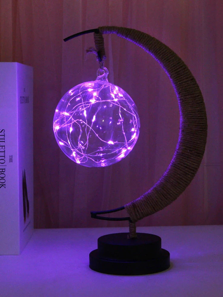 Moon Light LED Copper Wire Lamp with moon and star shapes, high transparent glass pendants, and flexible power options
