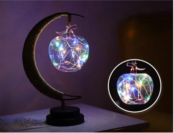 Moon Light LED Copper Wire Lamp with moon and star shapes, high transparent glass pendants, and flexible power options