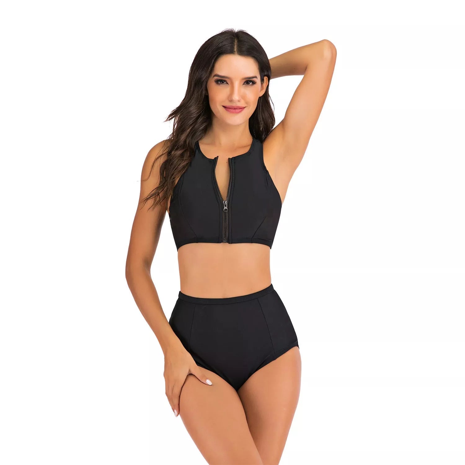 Women's sports vest split flat bikini suit in black with quick-dry fabric and high-waist design