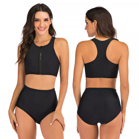 Women's sports vest split flat bikini suit in black with quick-dry fabric and high-waist design