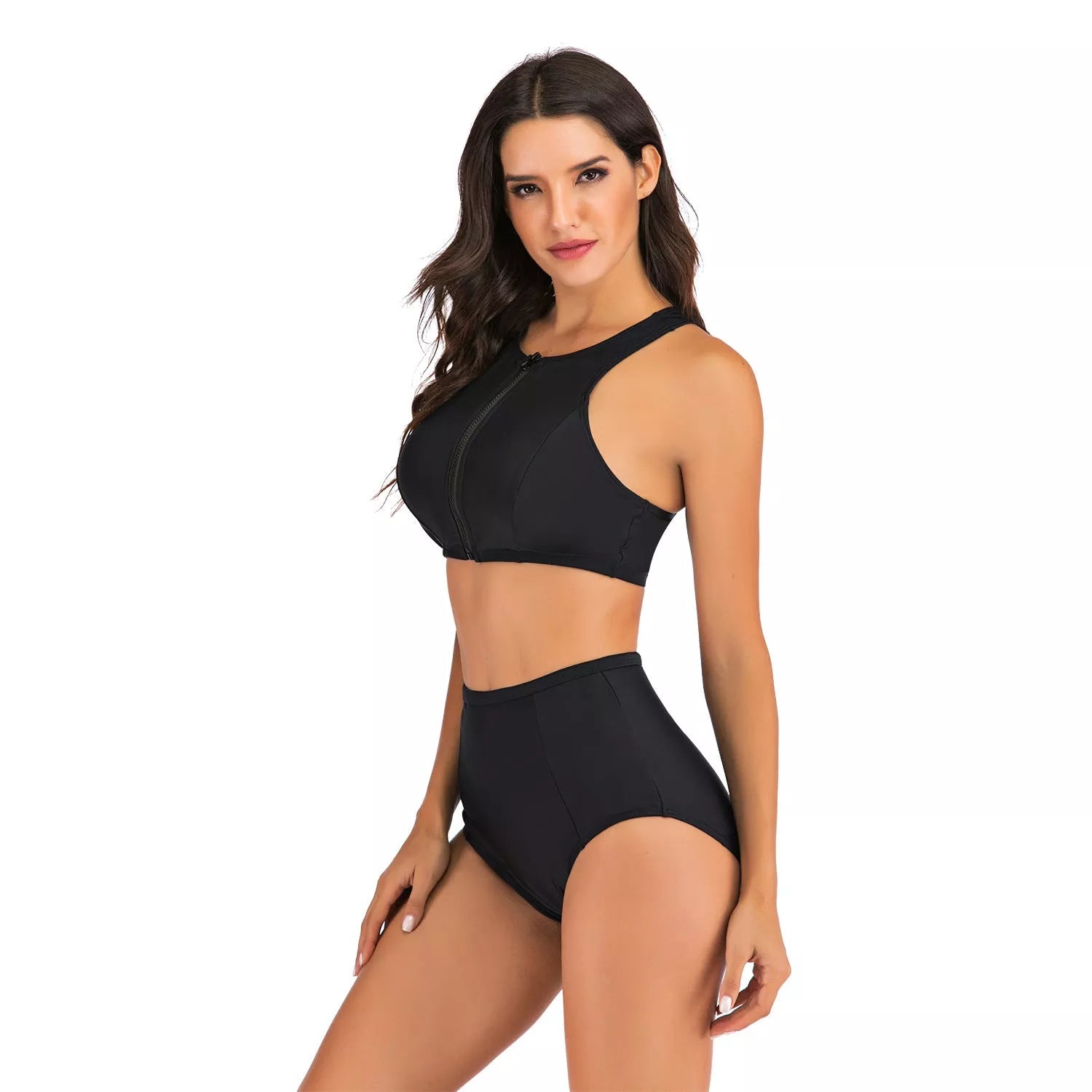 Women's sports vest split flat bikini suit in black with quick-dry fabric and high-waist design