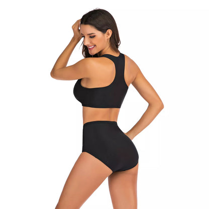 Women's sports vest split flat bikini suit in black with quick-dry fabric and high-waist design