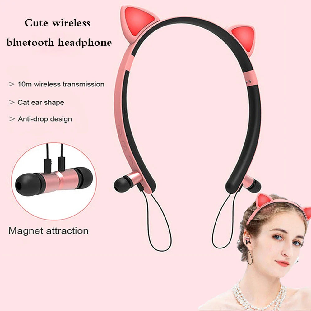 Trendy wireless Bluetooth headphones with a stylish cat ear design, available in multiple vibrant colors for a personalized audio experience.