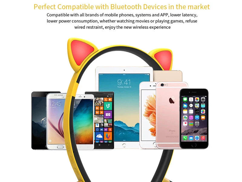 Trendy wireless Bluetooth headphones with a stylish cat ear design, available in multiple vibrant colors for a personalized audio experience.