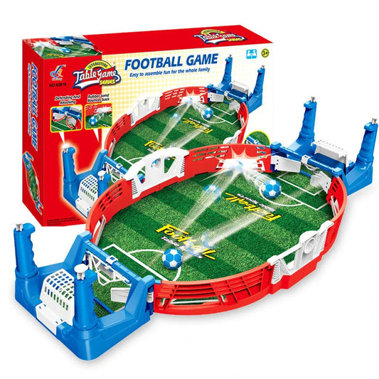 Portable tabletop mini soccer board game with blue plastic construction, perfect for indoor sports and family fun