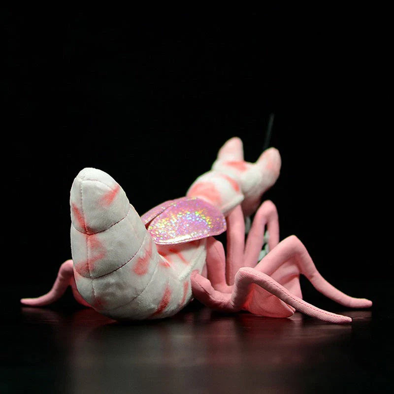 Lifelike praying mantis plush toys in vibrant pink and green colours, perfect for imaginative play and nature exploration